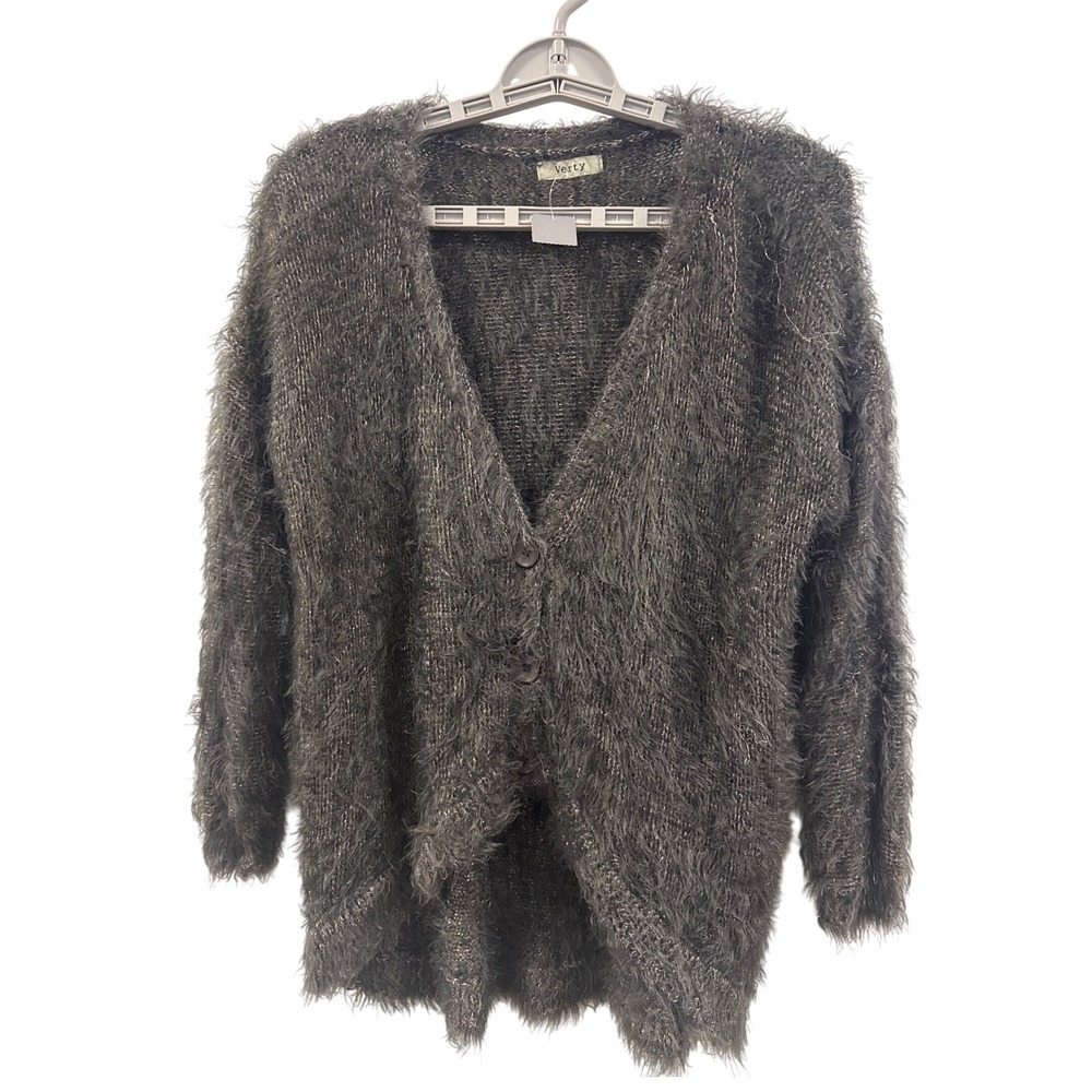 Verty Fuzzy Knit Cardigan Sweater Shaggy Textured One Size‎ Gray Metallic